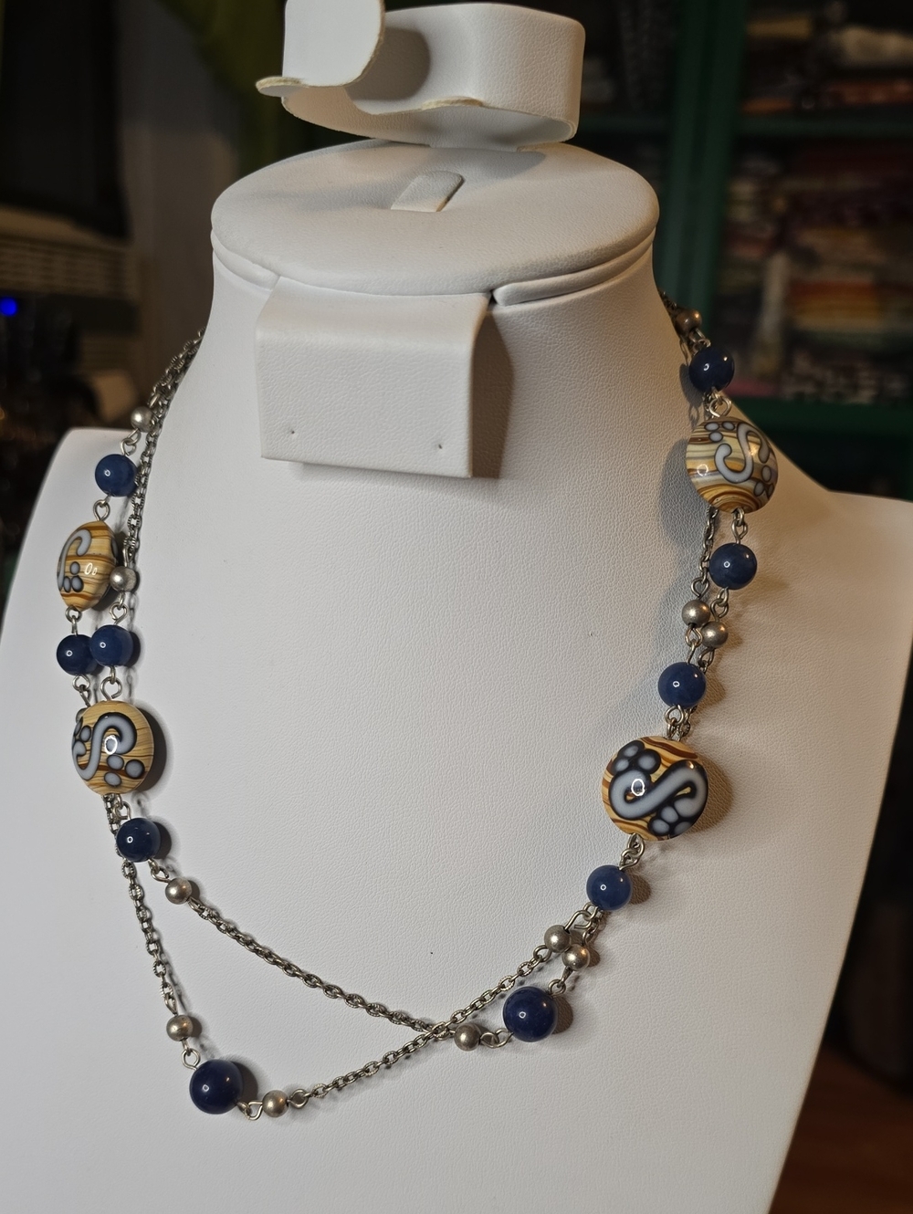 Blue and Gold Patterned Glass Bead Necklace - Women Jewelry